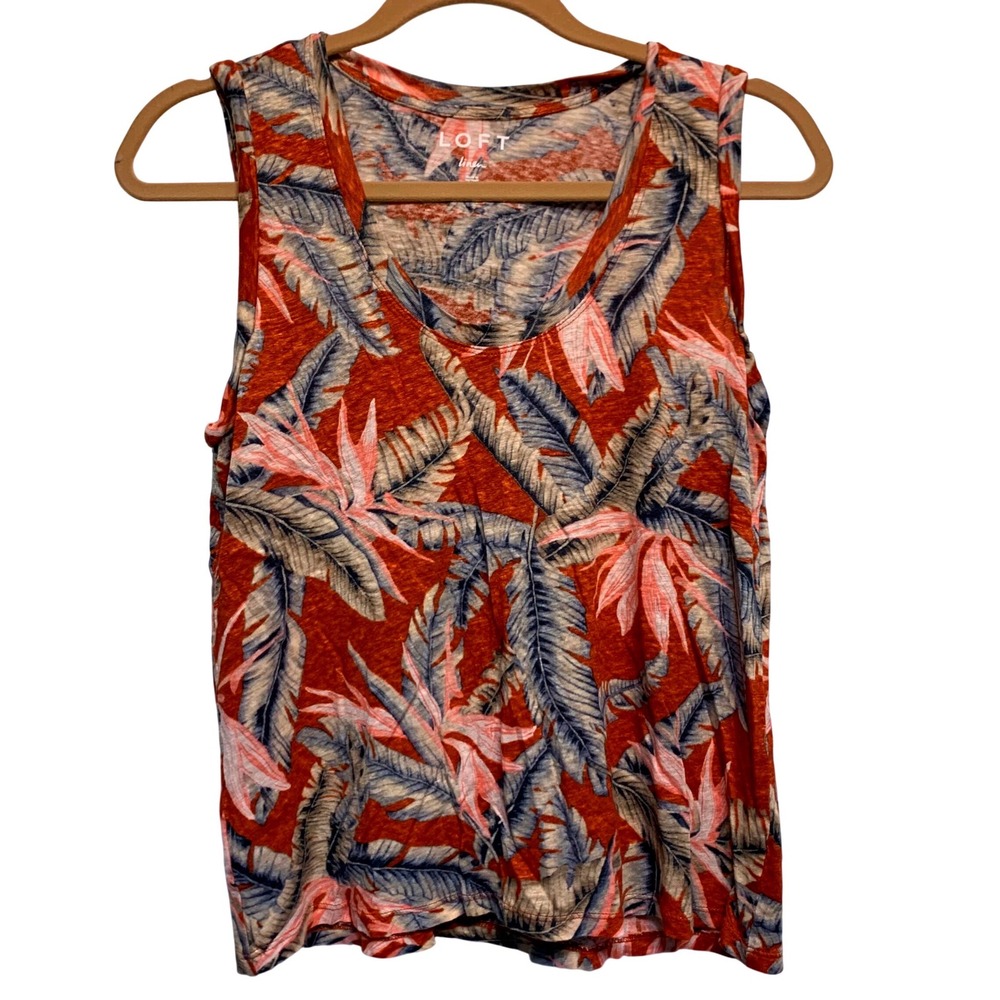 LOFT Linen Tank‎ Top Medium Tropical Bird of Paradise Palm Leaf Summer Slub Knit